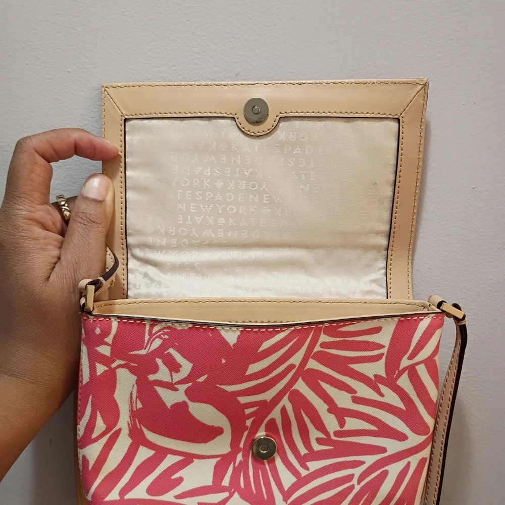 Kate Spade, EUC, Crossbody Bag, Leaf Print, Snap Closure, Color Pink, White - Picture 9 of 13